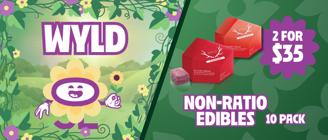 Cannabis Promo, Cannabis Sales, Cannabis Discounts, Cannabis on Sale, 2 for $35 Wyld Non Ratio Edibles