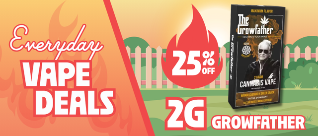 Cannabis Promo, Cannabis Sales, Cannabis Discounts, Cannabis on Sale, 25% Off The Growfather 2G Disposables