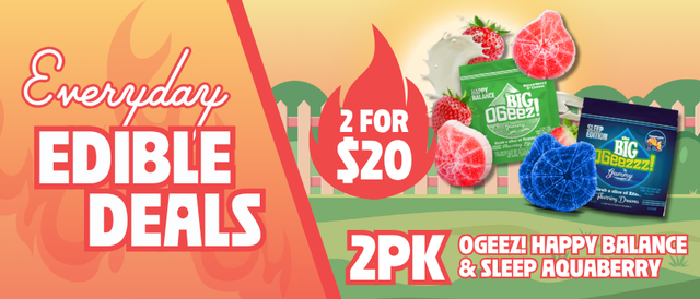 Cannabis Promo, Cannabis Sales, Cannabis Discounts, Cannabis on Sale, 2 for $20 OGeez Big Happy Balance & Sleep 2 Pack Edibles