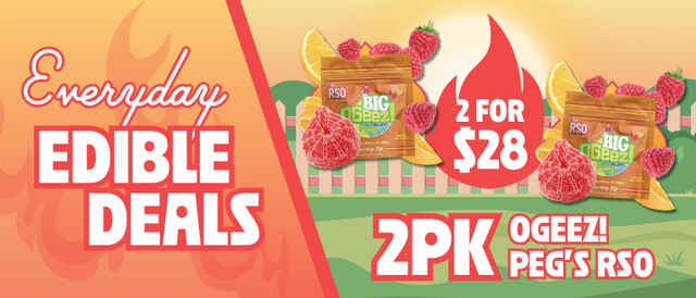 Cannabis Promo, Cannabis Sales, Cannabis Discounts, Cannabis on Sale, 2 for $28 Pegs RSO Mega Edibles