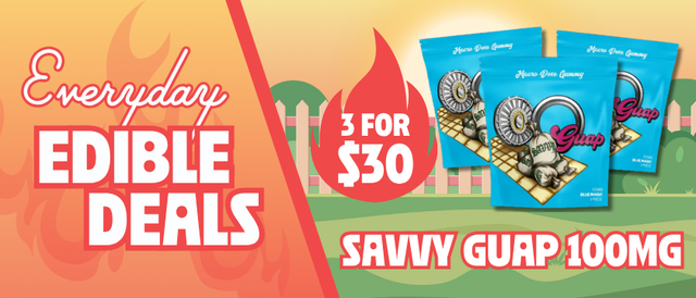 Cannabis Promo, Cannabis Sales, Cannabis Discounts, Cannabis on Sale, 3 for $30 Savvy Guap 100MG Edibles