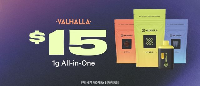 Cannabis Promo, Cannabis Sales, Cannabis Discounts, Cannabis on Sale, $15 Valhalla 1G AIO Disposable Vapes