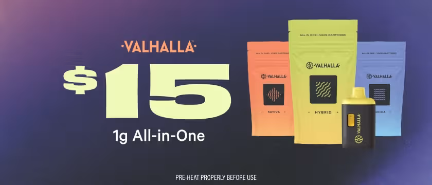 Cannabis Promo, Cannabis Sales, Cannabis Discounts, Cannabis on Sale, $15 Valhalla 1G AIO Disposable Vapes