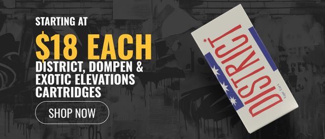 Cannabis Promo, Cannabis Sales, Cannabis Discounts, Cannabis on Sale, Starting at $18: District, Dompen & Exotic Elevations Cartridges