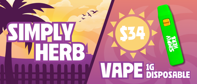 Cannabis Promo, Cannabis Sales, Cannabis Discounts, Cannabis on Sale, $34 Simply Herb 1G Disposable