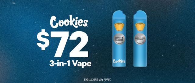 Cannabis Promo, Cannabis Sales, Cannabis Discounts, Cannabis on Sale, $72 Cookies 3:1 Dual Chambers