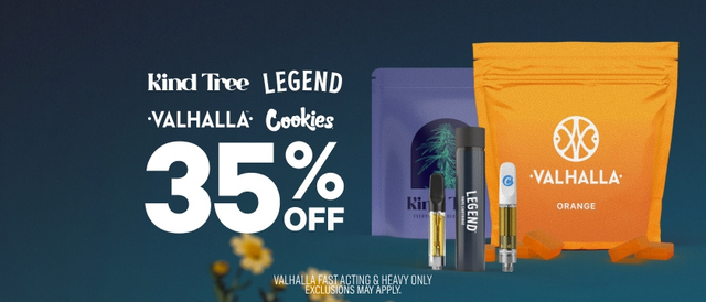 Cannabis Promo, Cannabis Sales, Cannabis Discounts, Cannabis on Sale, 35% Off Kind Tree, Legend, Cookies & Select Valhalla