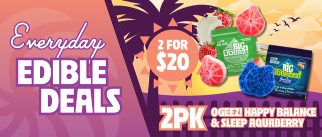 Cannabis Promo, Cannabis Sales, Cannabis Discounts, Cannabis on Sale, 2 for $20 OGeez Big Happy Balance & Sleep 2 Pack Edibles