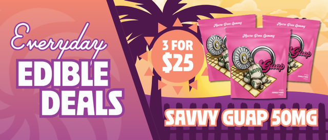 Cannabis Promo, Cannabis Sales, Cannabis Discounts, Cannabis on Sale, 3 for $25 Savvy Guap 50MG Edibles