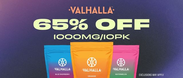 Cannabis Promo, Cannabis Sales, Cannabis Discounts, Cannabis on Sale, 65% Off Valhalla 1000mg/10pks