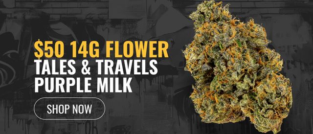 Cannabis Promo, Cannabis Sales, Cannabis Discounts, Cannabis on Sale, $50 14g Flower: Tales & Travels Purple Milk