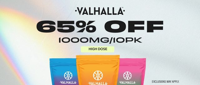 Cannabis Promo, Cannabis Sales, Cannabis Discounts, Cannabis on Sale, 65% Off Valhalla 1000mg/10pks