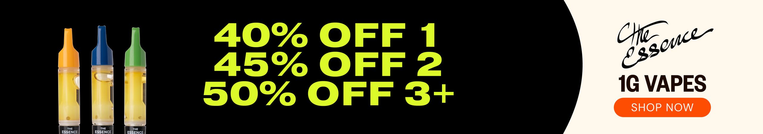 Cannabis Promo, Cannabis Sales, Cannabis Discounts, Cannabis on Sale, (the) Essence 1g Vapes: 40% OFF 1, 45% OFF 2, or 50% OFF 3+