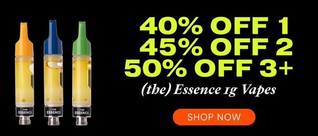 Cannabis Promo, Cannabis Sales, Cannabis Discounts, Cannabis on Sale, (the) Essence 1g Vapes: 40% OFF 1, 45% OFF 2, or 50% OFF 3+
