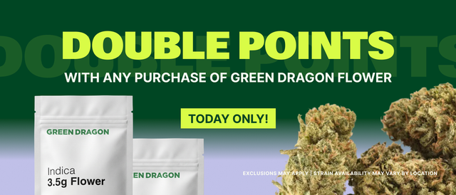 Cannabis Promo, Cannabis Sales, Cannabis Discounts, Cannabis on Sale, DOUBLE POINTS WITH ANY PURCHASE OF GREEN DRAGON FLOWER!