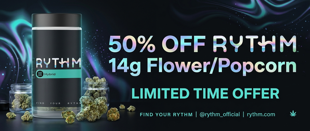 Cannabis Promo, Cannabis Sales, Cannabis Discounts, Cannabis on Sale, 50% off Rythm 14g