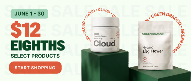 Cannabis Promo, Cannabis Sales, Cannabis Discounts, Cannabis on Sale, $12 Select Green Dragon & Cloud Eighths - ALL MONTH LONG!