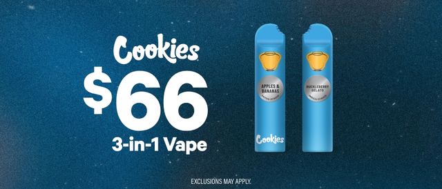 Cannabis Promo, Cannabis Sales, Cannabis Discounts, Cannabis on Sale, $66 Cookies 3:1 Dual Chambers