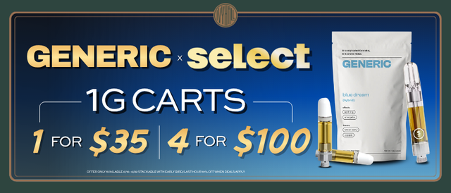 Cannabis Promo, Cannabis Sales, Cannabis Discounts, Cannabis on Sale, Generic and Select 1g Cartridges - $35 each or 4 for $100!
