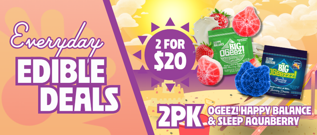 Cannabis Promo, Cannabis Sales, Cannabis Discounts, Cannabis on Sale, 2 for $20 OGeez Big Happy Balance & Sleep 2 Pack Edibles