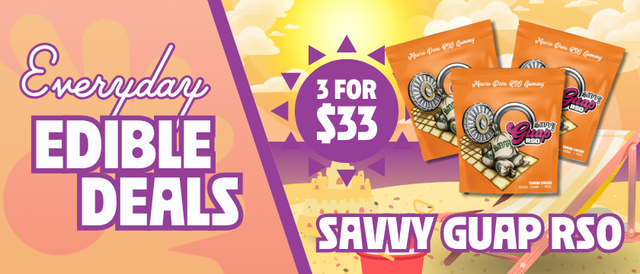 Cannabis Promo, Cannabis Sales, Cannabis Discounts, Cannabis on Sale, 3 for $33 Savvy Guap RSO 100MG Edibles