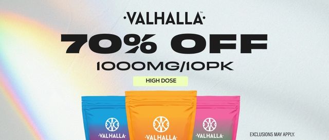 Cannabis Promo, Cannabis Sales, Cannabis Discounts, Cannabis on Sale, 70% Off Valhalla 1000mg/10pks