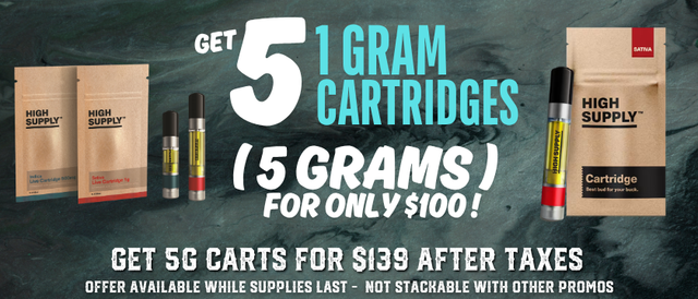 Cannabis Promo, Cannabis Sales, Cannabis Discounts, Cannabis on Sale, 5g in Carts for $100