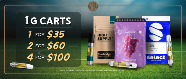 Cannabis Promo, Cannabis Sales, Cannabis Discounts, Cannabis on Sale, 1g Cartridges for $35 each or 2 for $60 or Get 4 for $100!