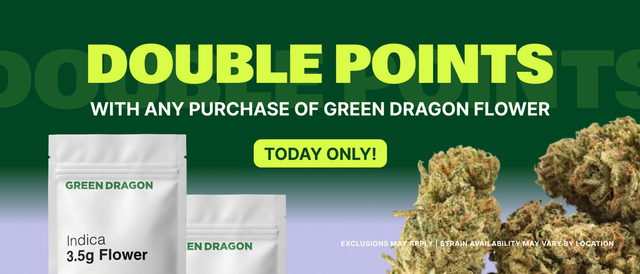 Cannabis Promo, Cannabis Sales, Cannabis Discounts, Cannabis on Sale, DOUBLE POINTS WITH ANY PURCHASE OF GREEN DRAGON FLOWER!