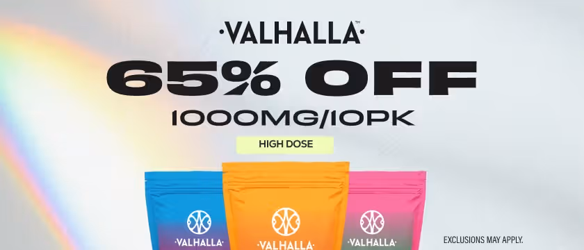 Cannabis Promo, Cannabis Sales, Cannabis Discounts, Cannabis on Sale, 65% Off Valhalla 1000mg/10pks