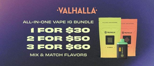 Cannabis Promo, Cannabis Sales, Cannabis Discounts, Cannabis on Sale, Valhalla 1G AIOs - 1 for $30, 2 for $50, 3 for $60