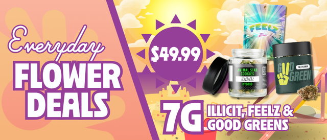 Cannabis Promo, Cannabis Sales, Cannabis Discounts, Cannabis on Sale, $49.99 Illicit, Feelz & Good Greens 7G Flower
