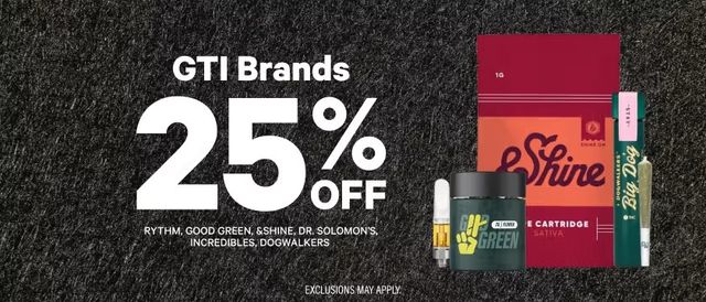 Cannabis Promo, Cannabis Sales, Cannabis Discounts, Cannabis on Sale, 25% Off GTI Brands