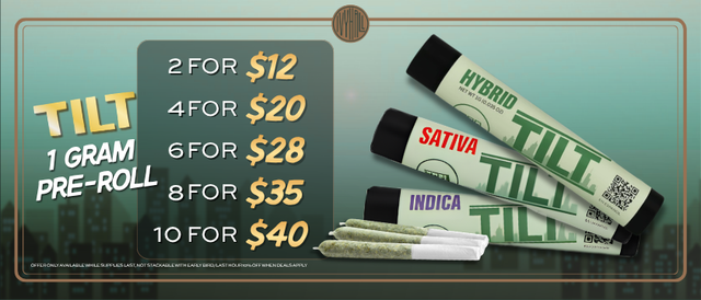 Cannabis Promo, Cannabis Sales, Cannabis Discounts, Cannabis on Sale, TILT 1g Pre-Rolls - Buy More Save More!