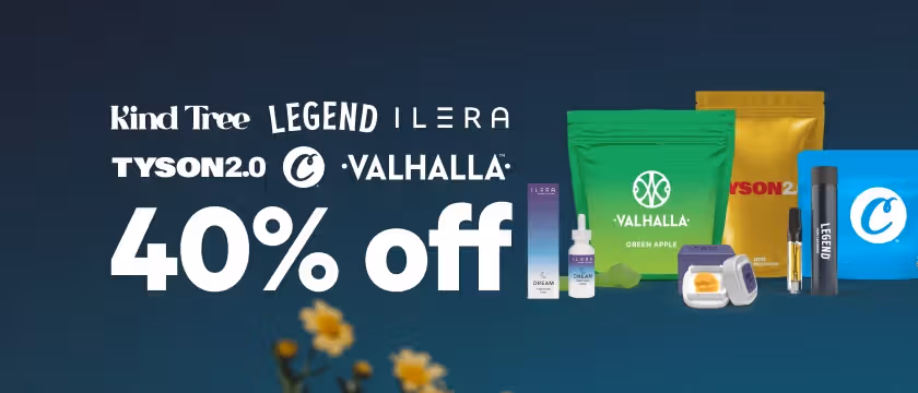 Cannabis Promo, Cannabis Sales, Cannabis Discounts, Cannabis on Sale, 40% Off Kind Tree, Tyson 2.0, C-Bite, Valhalla, Ilera & Legend
