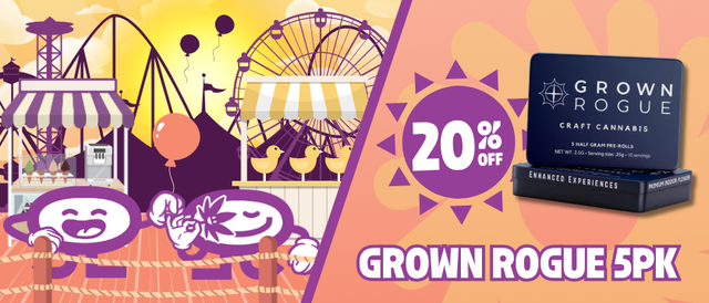 Cannabis Promo, Cannabis Sales, Cannabis Discounts, Cannabis on Sale, 20% Off Grown Rogue 5 Pack Pre-Rolls
