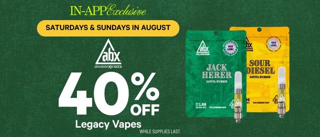 Cannabis Promo, Cannabis Sales, Cannabis Discounts, Cannabis on Sale, IN-APP EXCLUSIVE! 40% Off ABX Cartridges