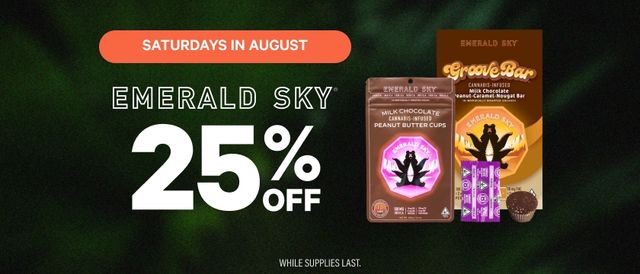 Cannabis Promo, Cannabis Sales, Cannabis Discounts, Cannabis on Sale, SATURDAYS: 25% Off Emerald Sky Products