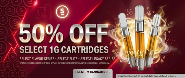 Cannabis Promo, Cannabis Sales, Cannabis Discounts, Cannabis on Sale, 50% off Select 1g Cartridges