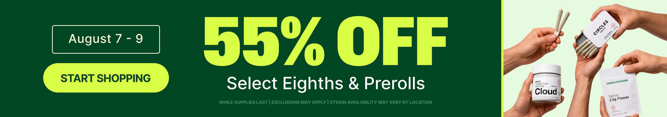 Cannabis Promo, Cannabis Sales, Cannabis Discounts, Cannabis on Sale, 55% OFF SELECT EIGHTHS + PREROLLS ALL WEEKEND LONG!