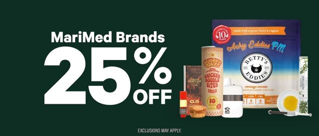 Cannabis Promo, Cannabis Sales, Cannabis Discounts, Cannabis on Sale, 25% Off MariMed Brands