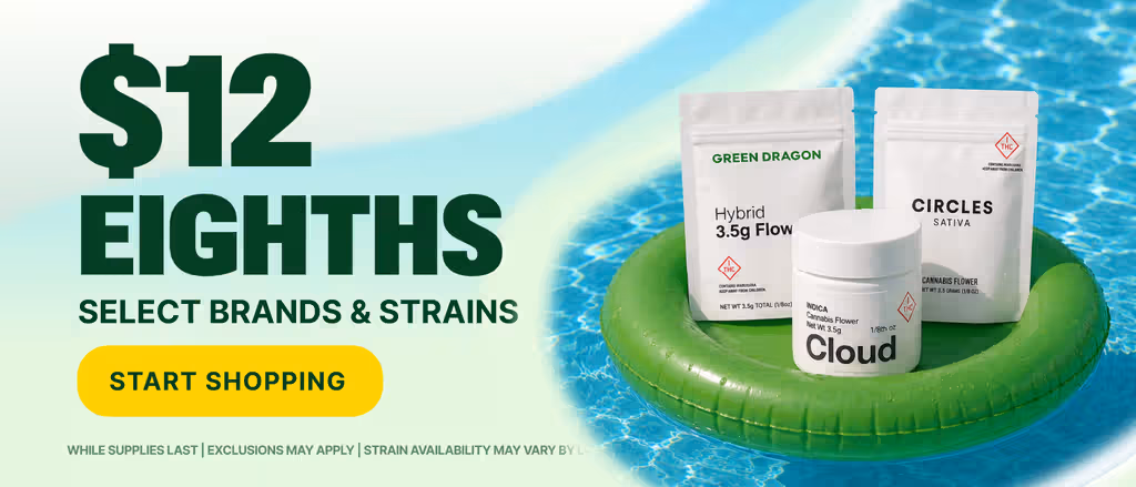 Cannabis Promo, Cannabis Sales, Cannabis Discounts, Cannabis on Sale, $12 Select Green Dragon, Circles & Cloud Eighths