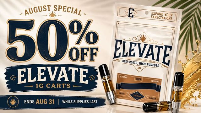 Cannabis Promo, Cannabis Sales, Cannabis Discounts, Cannabis on Sale, 50% off Elevate 1g Cartridges