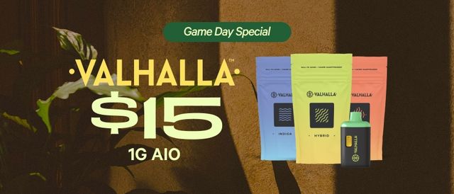 Cannabis Promo, Cannabis Sales, Cannabis Discounts, Cannabis on Sale, GAME DAY: $15 Valhalla 1G AIOs