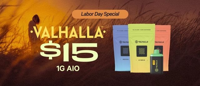 Cannabis Promo, Cannabis Sales, Cannabis Discounts, Cannabis on Sale, LABOR DAY: $15 Valhalla 1G AIOs