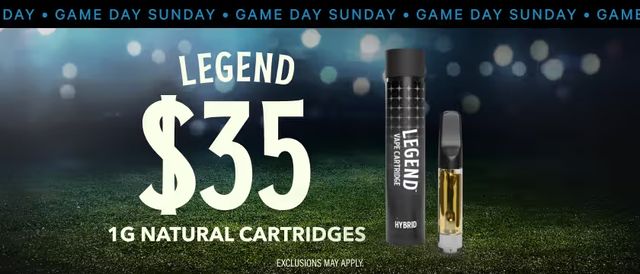 Cannabis Promo, Cannabis Sales, Cannabis Discounts, Cannabis on Sale, SUNDAYS: $35 Legend Carts