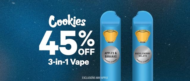 Cannabis Promo, Cannabis Sales, Cannabis Discounts, Cannabis on Sale, 45% Off Cookies Dual Chamber 3:1 Disposables
