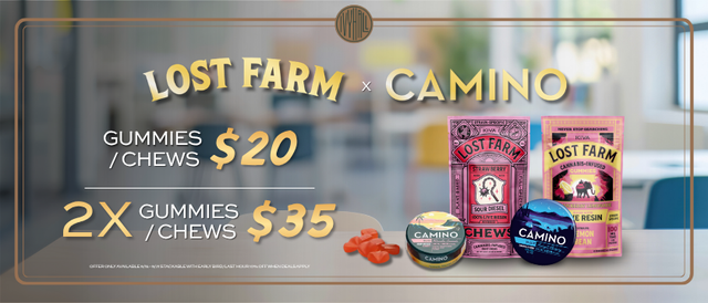 Cannabis Promo, Cannabis Sales, Cannabis Discounts, Cannabis on Sale, Lost Farm & Camino Gummies & Chews $20 Each or 2 for $35