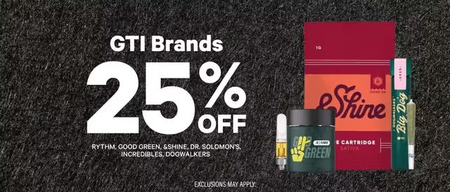 Cannabis Promo, Cannabis Sales, Cannabis Discounts, Cannabis on Sale, 25% Off GTI Brands