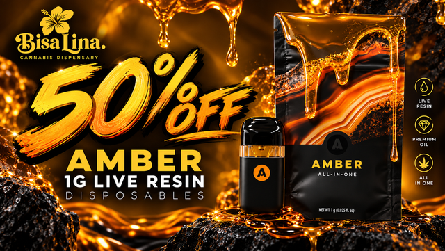 Cannabis Promo, Cannabis Sales, Cannabis Discounts, Cannabis on Sale, 50% off Amber 1g Live Resin Disposables